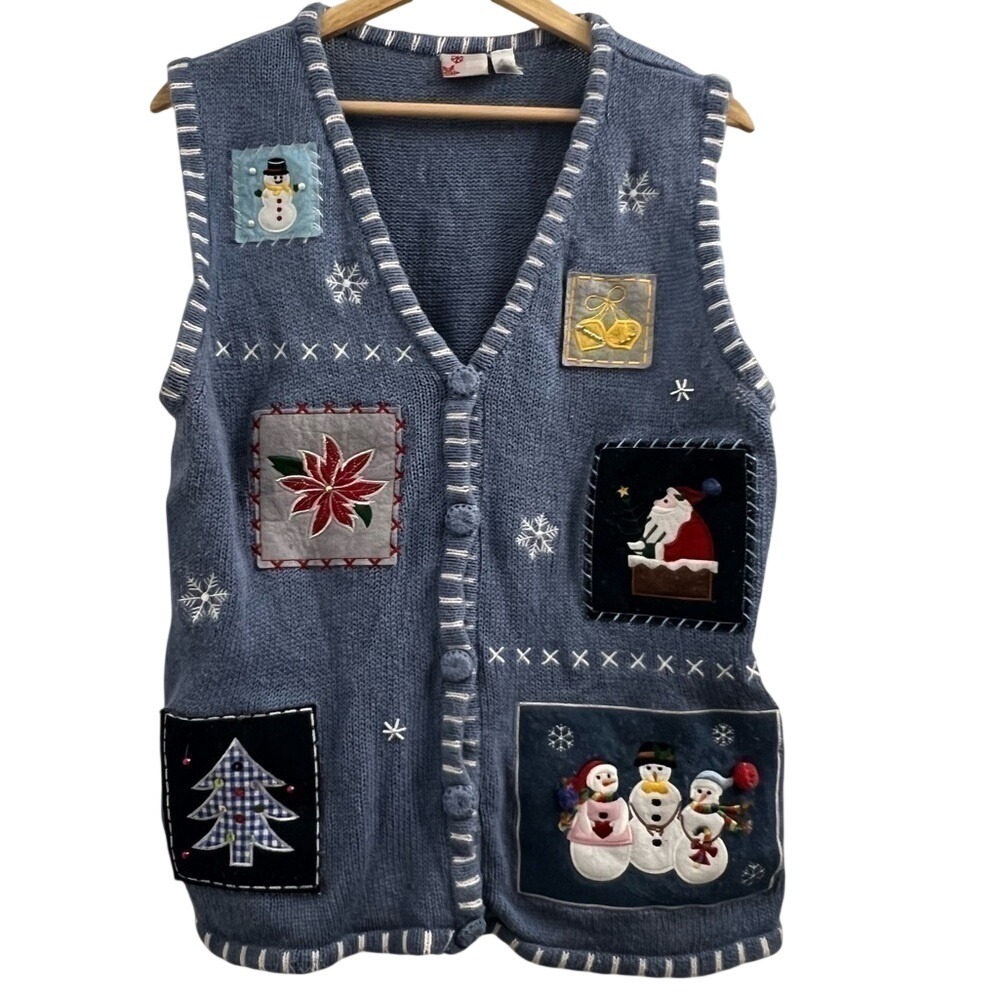 Holiday Editions Womens Blue Ugly Christmas Sweater Vest Snowman Santa Large